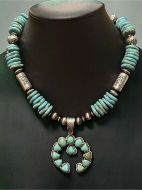 Vintage Sterling Silver Navajo Pearls Turquoise Squash Blossom Pendant Necklace